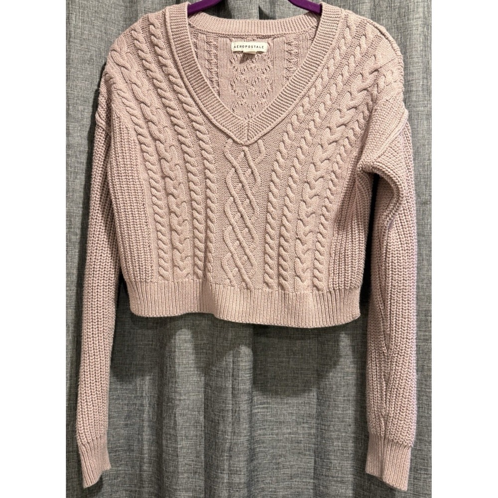 Aeropostale Womens XS Mauve Cable‎ Knit Cropped V Neck Long Sleeve Sweater EUC